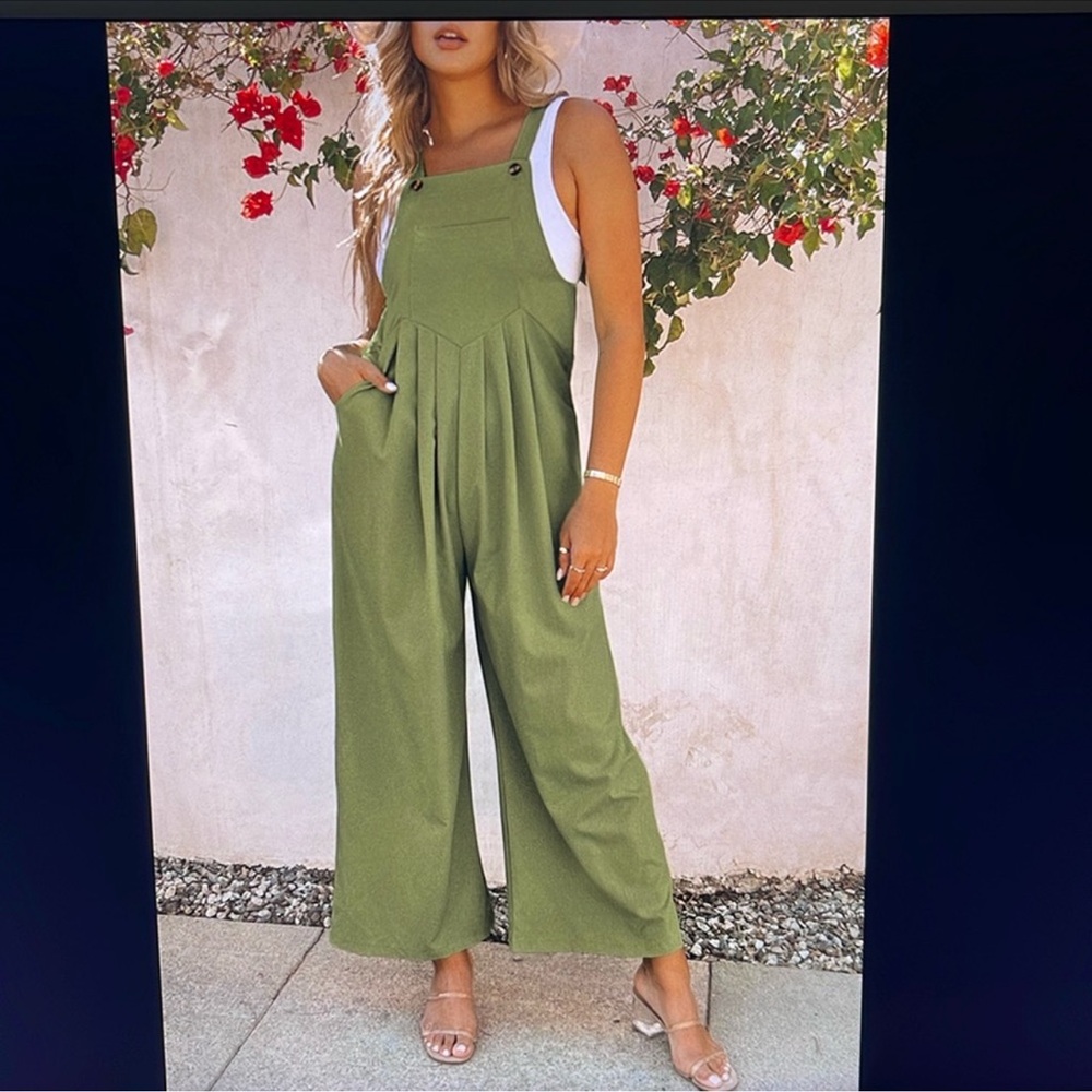 Olive Green Overalls Jumpsuit w/ Pockets Plus Size 2XL
